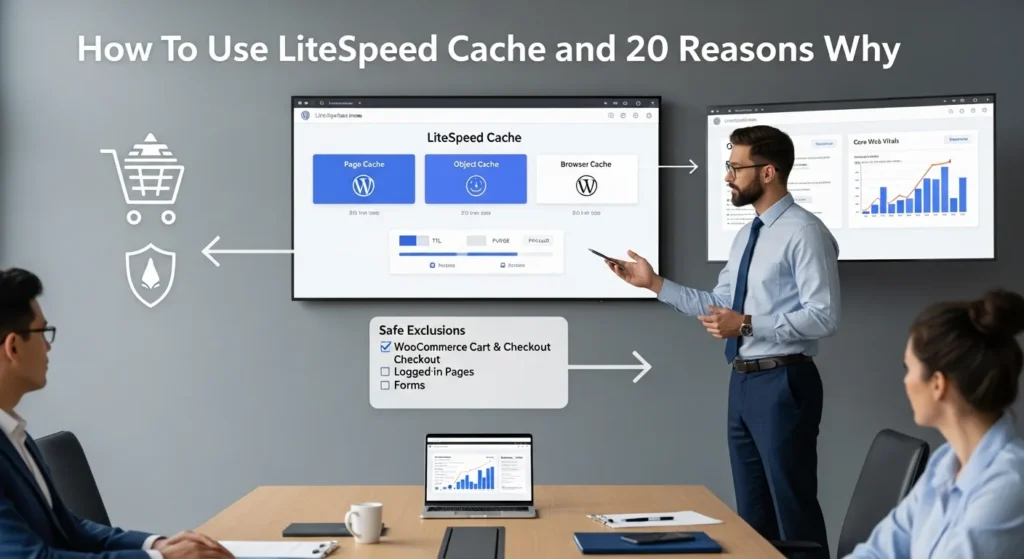 consultant presenting litespeed cache setup workflow with speed metrics in modern office