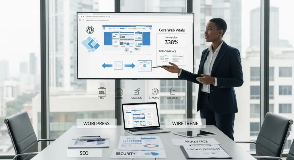 consultant presenting wordpress site plan with seo speed and security metrics