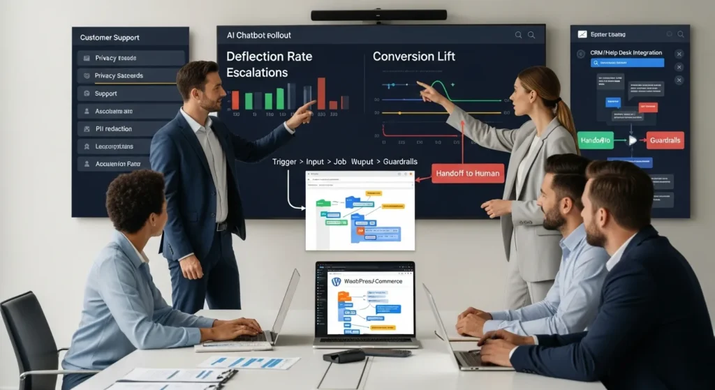 corporate team reviews ai chatbot workflow and support metrics in modern office