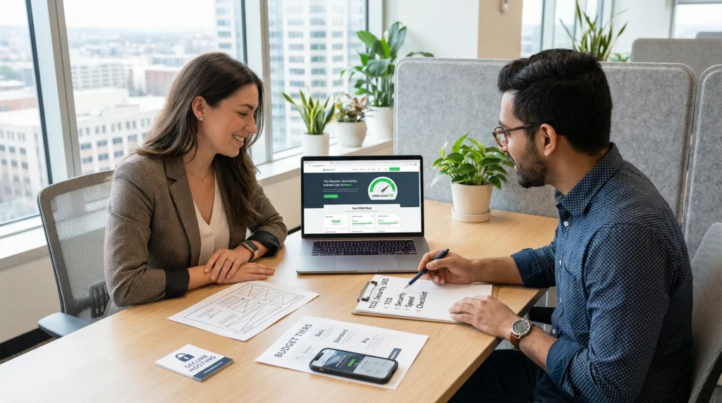 designer and small business owner reviewing a fast affordable wordpress website on laptop