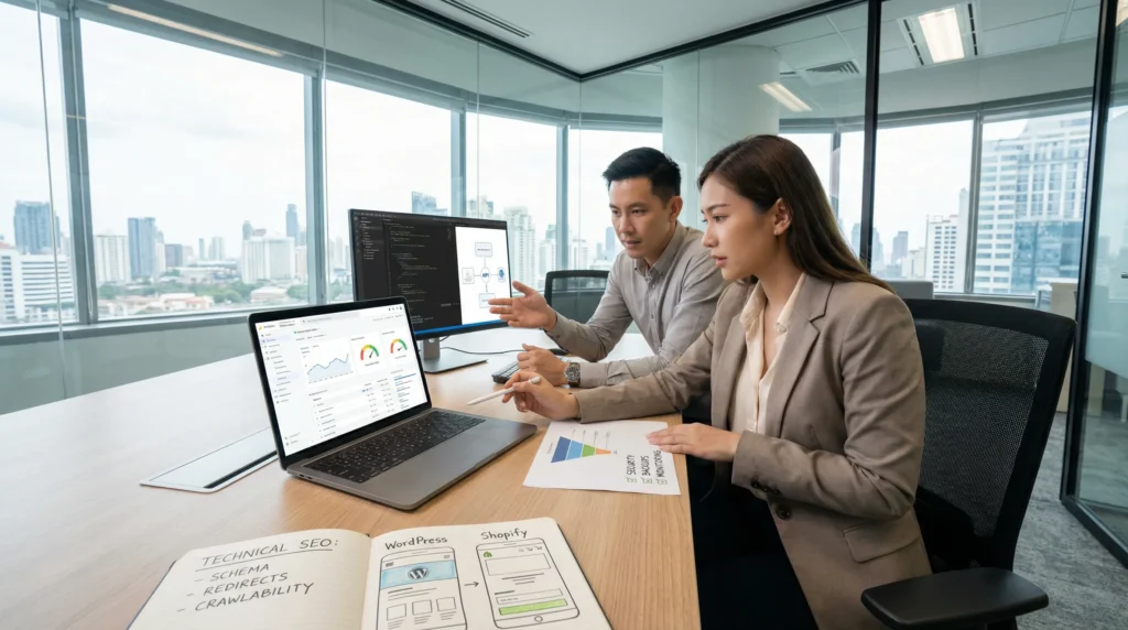 developer and marketer reviewing website checkout speed and security dashboards in office