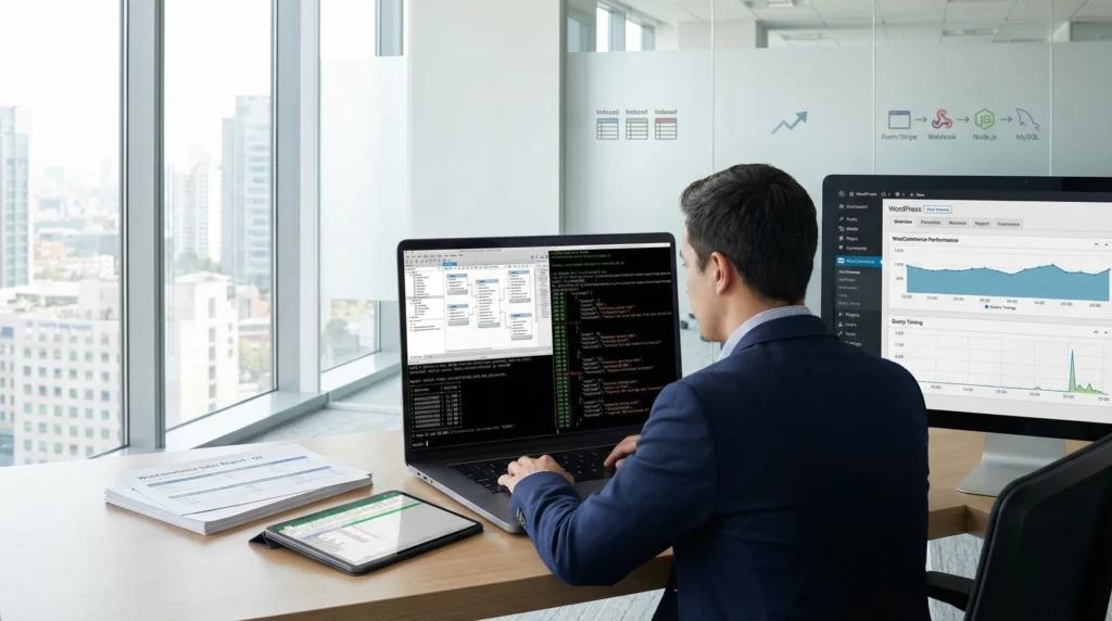developer compares mysql queries and node js webhooks for wordpress ecommerce reporting