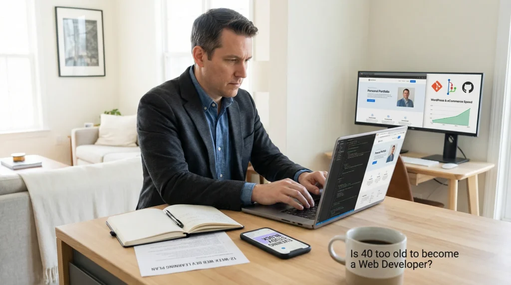 Is 40 Too Old To Become A Web Developer? A Practical Roadmap For Career Changers 2 focused 40 year old learning web development on a laptop at home