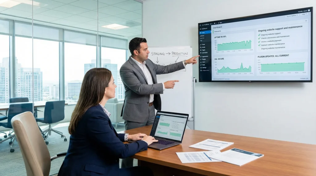 it team reviewing website maintenance dashboard with updates backups and security checks