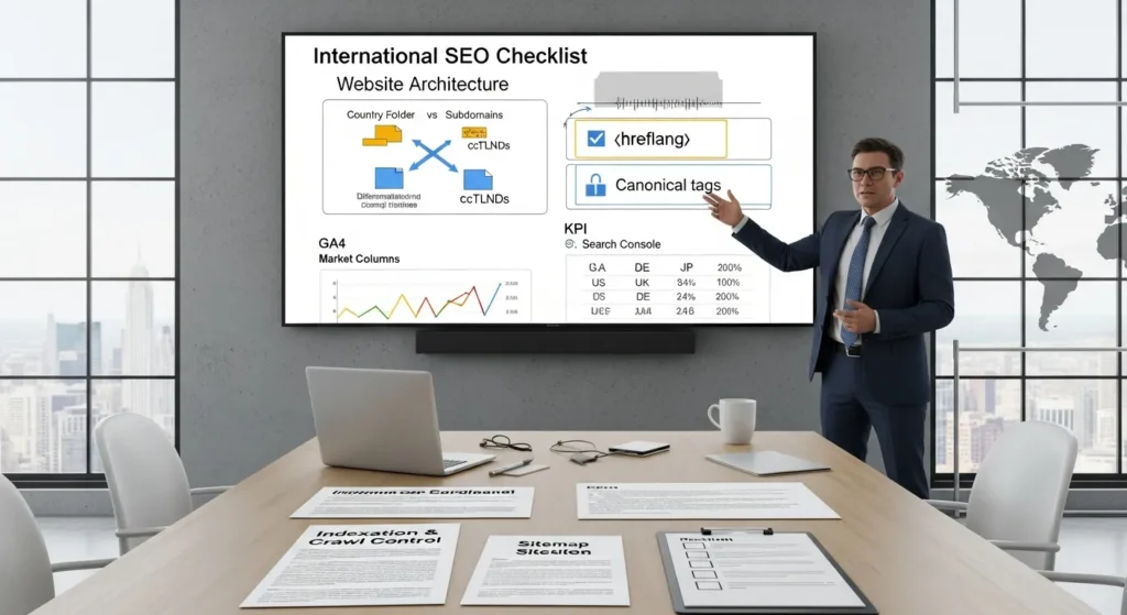 marketer presenting an international seo checklist on a screen in a modern office