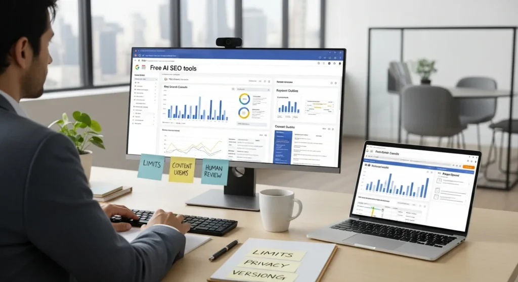 Free AI SEO Tools: A Practical Stack For Keyword Research, Content, And Technical Checks 2 marketer reviewing free ai seo tools stack on dashboards in modern office