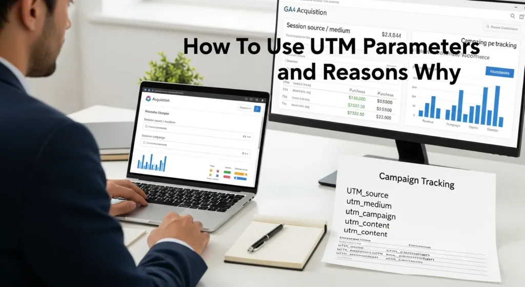 marketer reviewing ga4 dashboard and utm tracking sheet in modern office