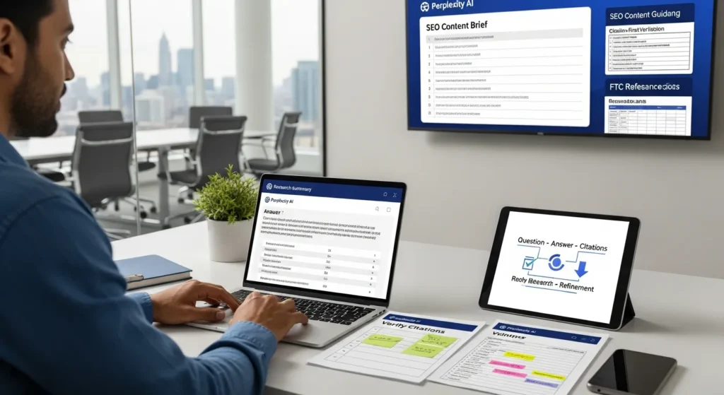 Perplexity AI: A Practical Guide To Faster, Safer Research For Busy Teams 2 marketer reviewing perplexity ai results with citations and a verification checklist