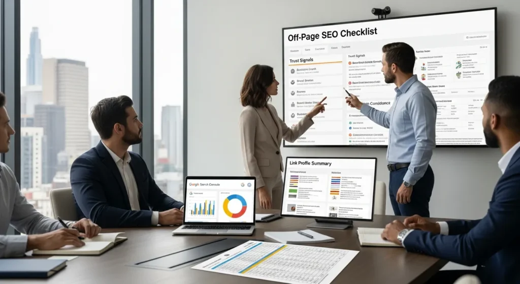 marketing team reviewing an off page seo checklist and link metrics in office