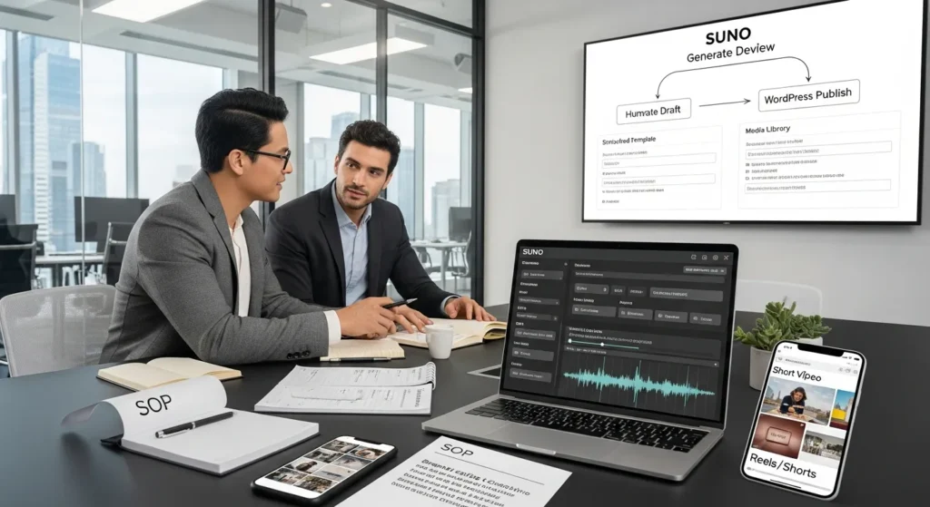 Suno AI: A Practical Guide To AI Music Creation For Businesses And Creators 2 marketing team reviewing suno ai music drafts and a wordpress publishing workflow