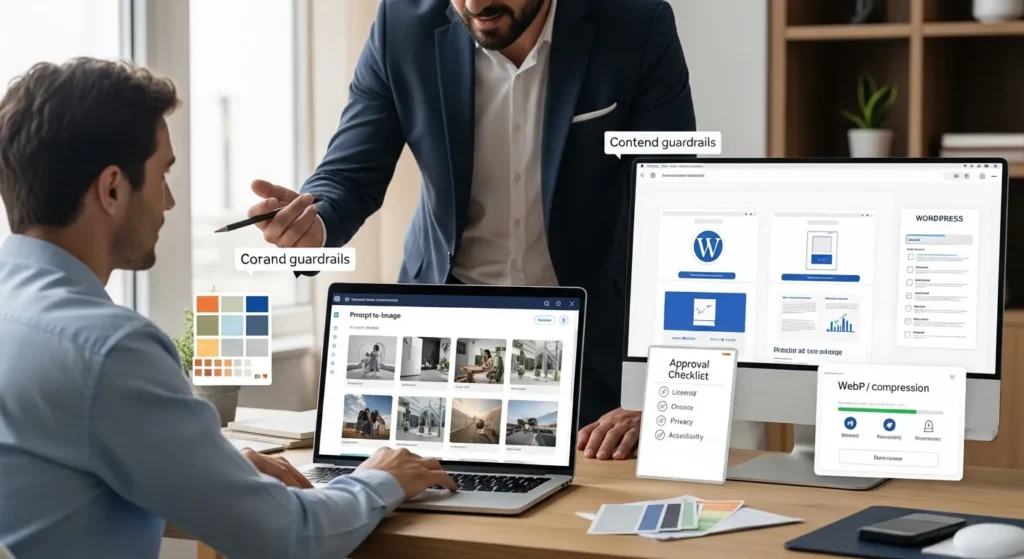 AI Image Generator: A Practical Guide For Businesses And Creators 2 marketing team reviews ai generated website hero images on laptops in modern office