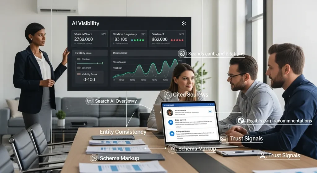 AI Visibility: How To Make Your Business Discoverable In The Age Of AI Search 2 marketing team reviews ai visibility dashboard showing citations share of voice and sentiment