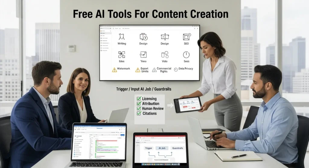marketing team reviews free ai content tools and publishing checklist in office