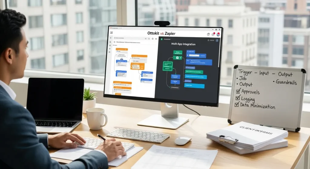 professional comparing ottokit and zapier workflows on a modern office monitor