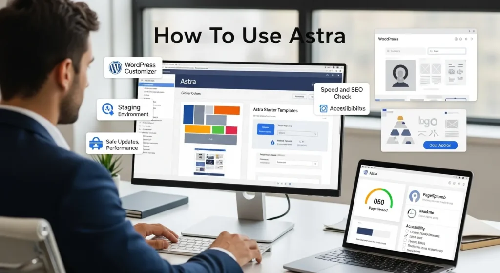 professional configuring astra theme settings and importing templates on a wordpress dashboard