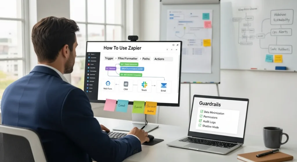 How To Use Zapier: A Practical Setup Guide For Busy Teams 2 professional reviewing a zapier automation workflow diagram on a modern office monitor