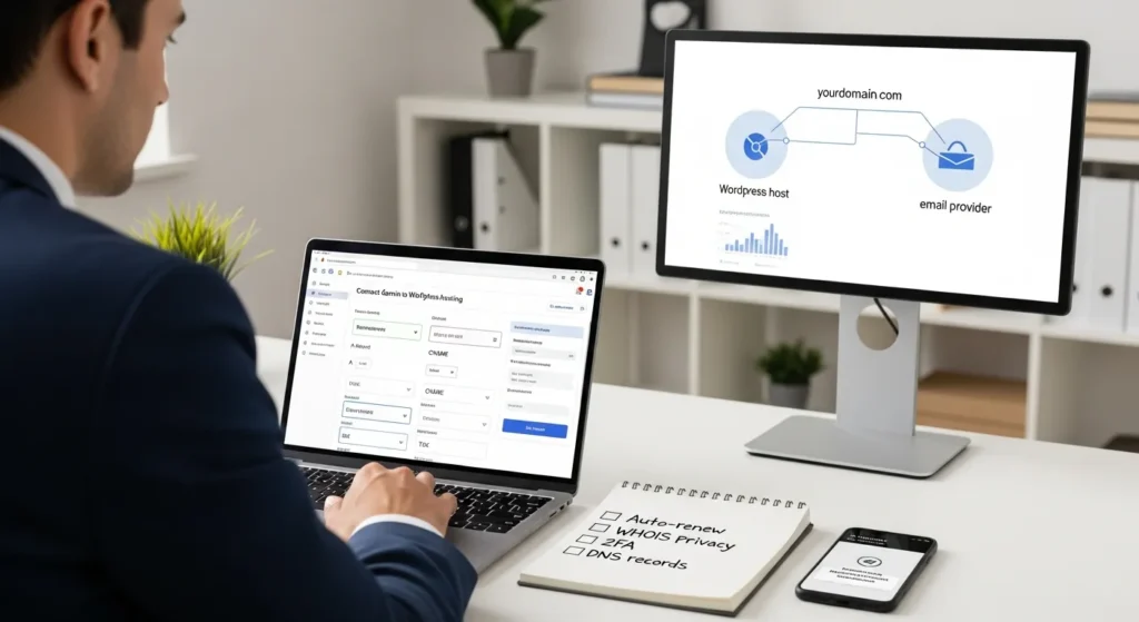 How To Use Porkbun: Domains, DNS, And Email Setup For Your WordPress Site 2 professional reviewing porkbun dns settings to connect a domain to wordpress