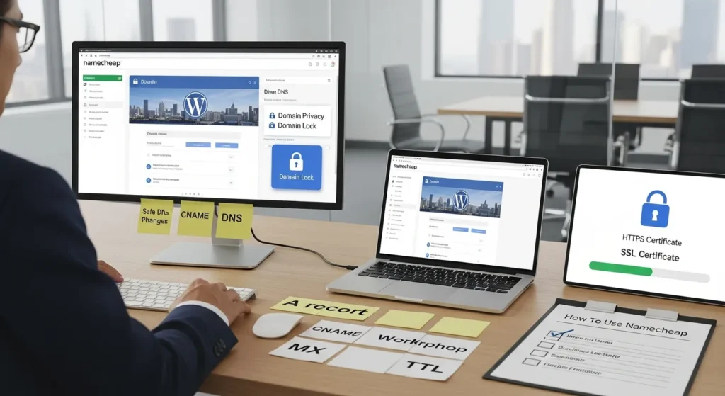 professional setting showing namecheap dns and wordpress setup with ssl checklist