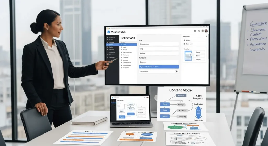 Webflow CMS: A Practical Guide For Business Sites And Content Teams 2 professional team reviewing webflow cms collections and publishing workflow in a modern office