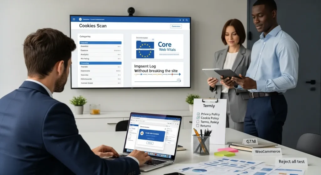 professionals configuring termly cookie consent for a wordpress site in an office