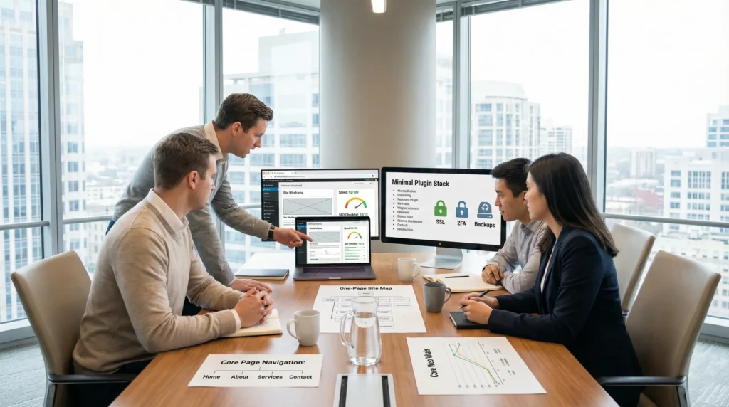 professionals reviewing a wordpress website plan on laptops in a modern office