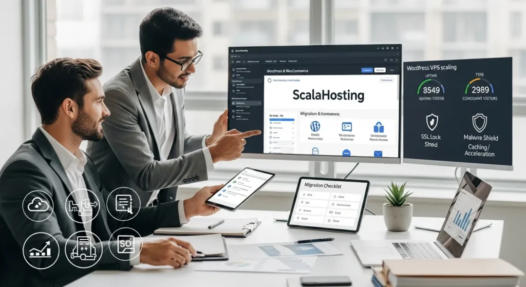 professionals reviewing scalahosting wordpress hosting dashboard and migration checklist in office