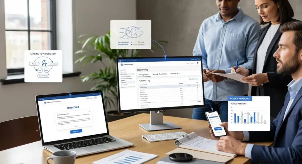 TermsFeed: What It Is, When You Need It, And How To Implement Policies On WordPress 2 professionals reviewing termsfeed cookie banner and policy links on a wordpress checkout