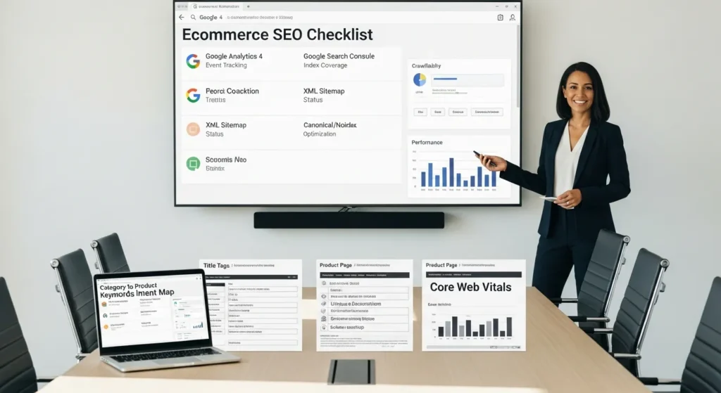 seo specialist presenting an ecommerce seo checklist with analytics and indexing dashboards