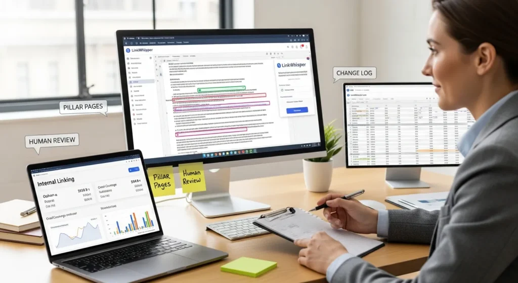 seo specialist reviewing linkwhisper internal link suggestions inside wordpress on dual monitors
