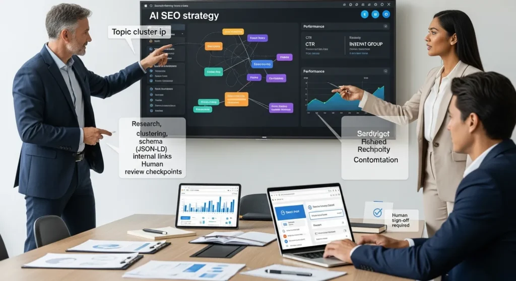 seo team reviewing ai seo strategy workflow and wordpress dashboard in office