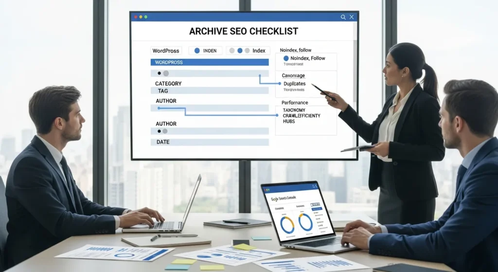 Archive SEO Checklist: Optimize WordPress Category, Tag, Author, And Date Pages 2 seo team reviewing an archive seo checklist on a monitor in office