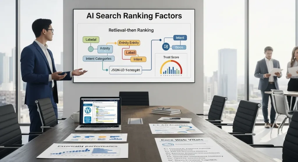 seo team reviews ai search ranking factors on screen in modern office