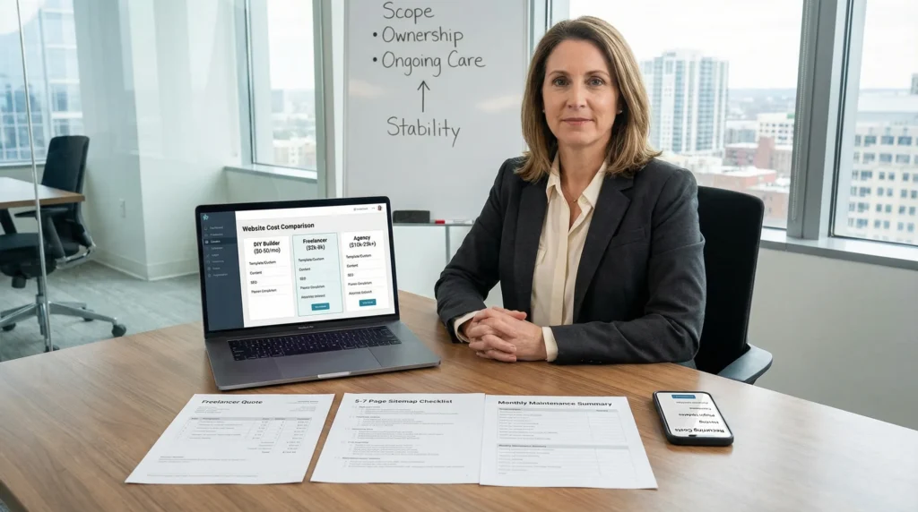 Website Cost Concerns For Small Business Budgets: What It Really Costs And How To Control It 2 small business owner compares website build and maintenance costs on a laptop