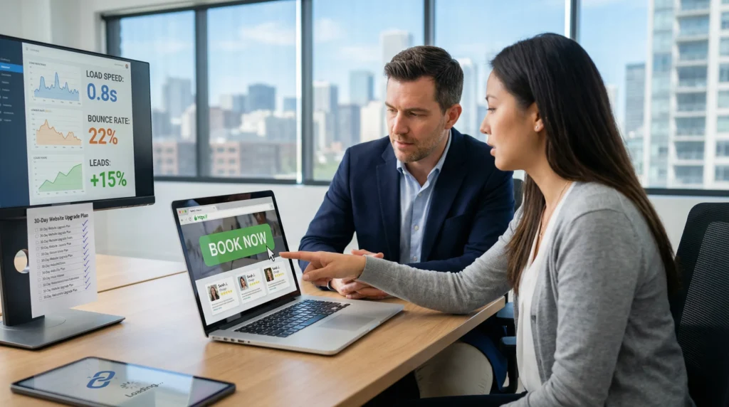 small business team reviewing a mobile first website with trust signals and analytics