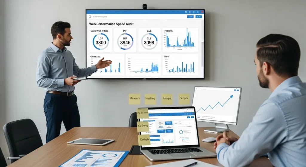 specialist reviewing wordpress speed metrics and core web vitals in an office