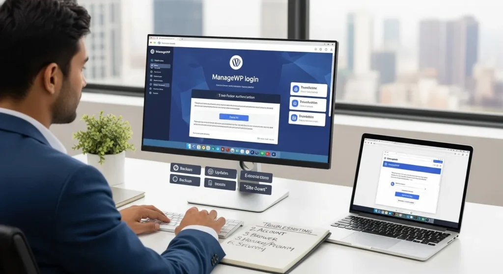 specialist using managewp login with 2fa to manage multiple wordpress sites
