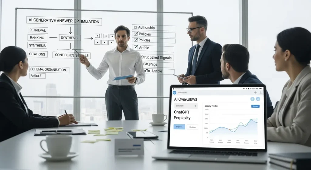 strategist presenting ai generative answer optimization workflow and citation tracking in modern off