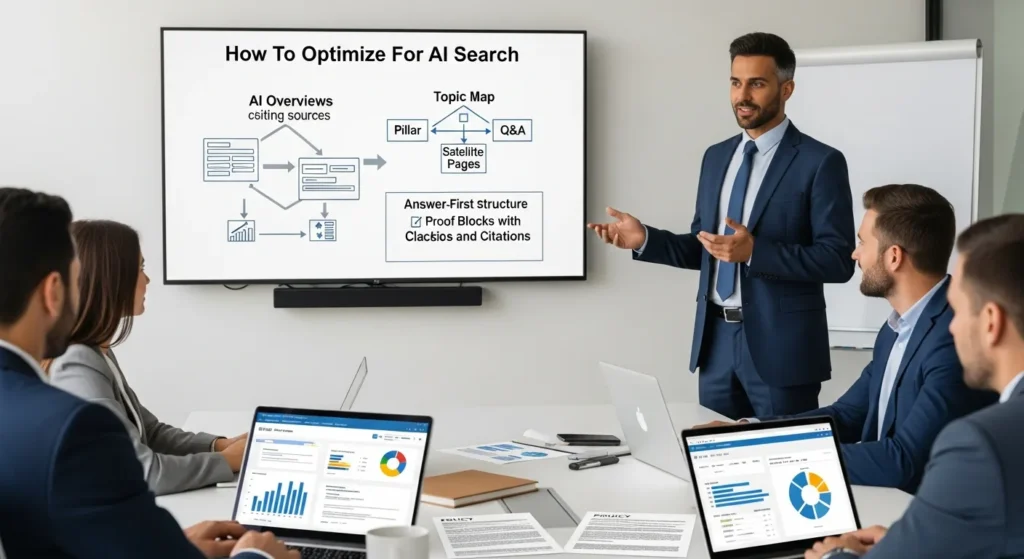How To Optimize For AI Search (Without Breaking Your SEO Or Your Compliance Posture) 2 strategist presenting ai search optimization plan with wordpress structure and citations