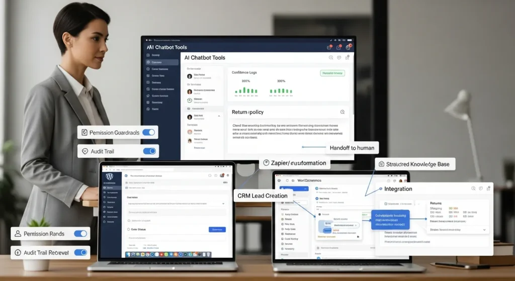 support manager reviews ai chatbot tools with woocommerce crm and guardrails dashboard