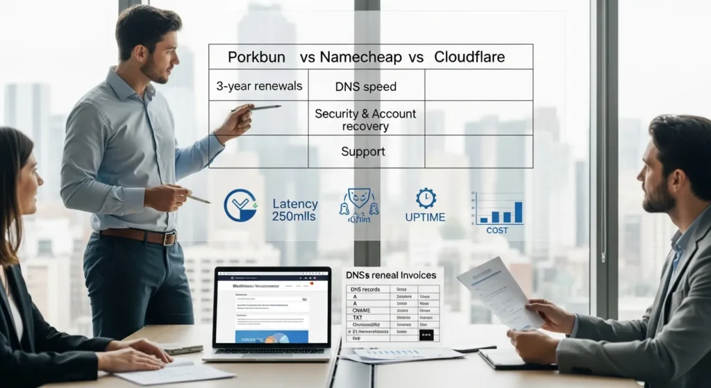 team compares porkbun namecheap and cloudflare registrars in a modern office