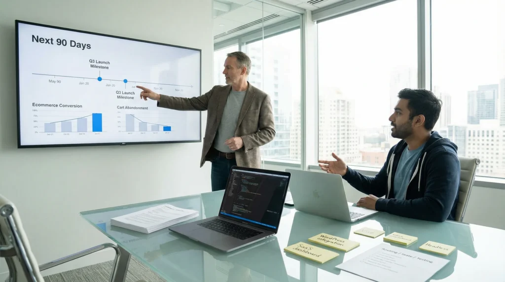 Should I Learn Vue Or React? A Practical Choice Guide For Business-Builders 2 team compares vue and react on laptops beside a 90 day roadmap