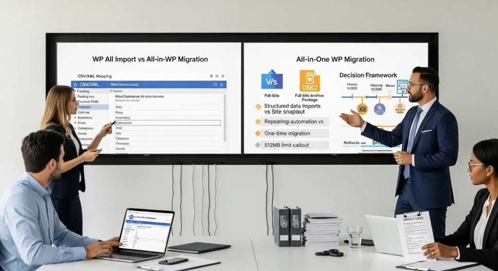 team compares wp all import and all in one wp migration on a dashboard