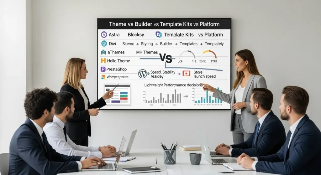 team comparing wordpress themes and builders on a conference room display