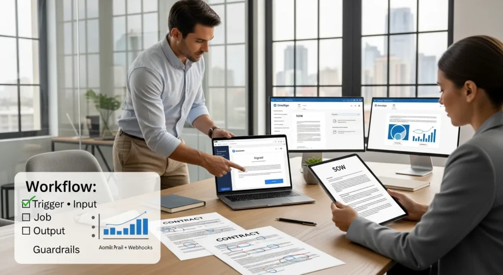 team in a modern office using docusign to sign and track contracts