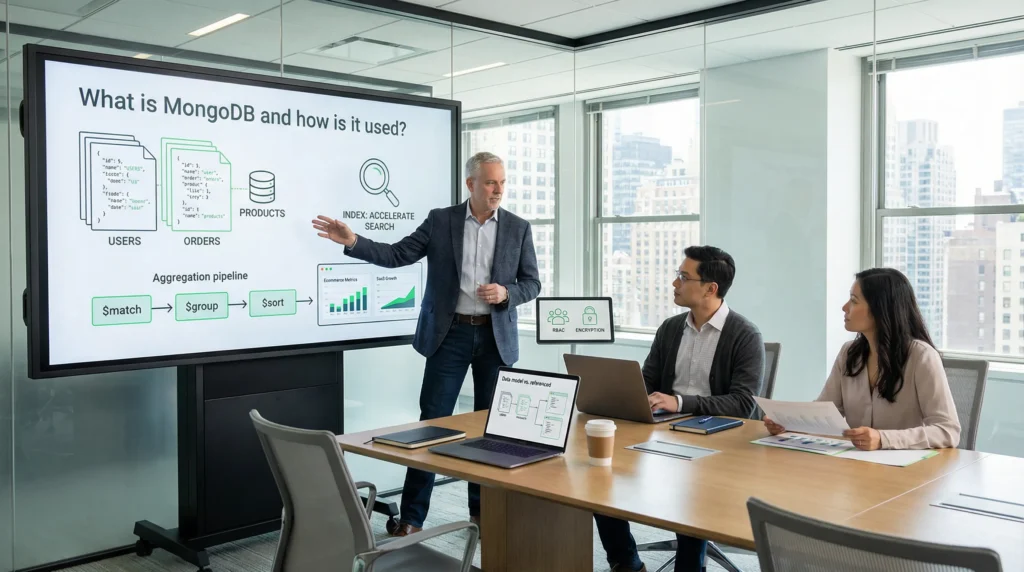 What Is MongoDB And How Is It Used? 2 team in modern office reviewing mongodb documents indexes and analytics dashboard
