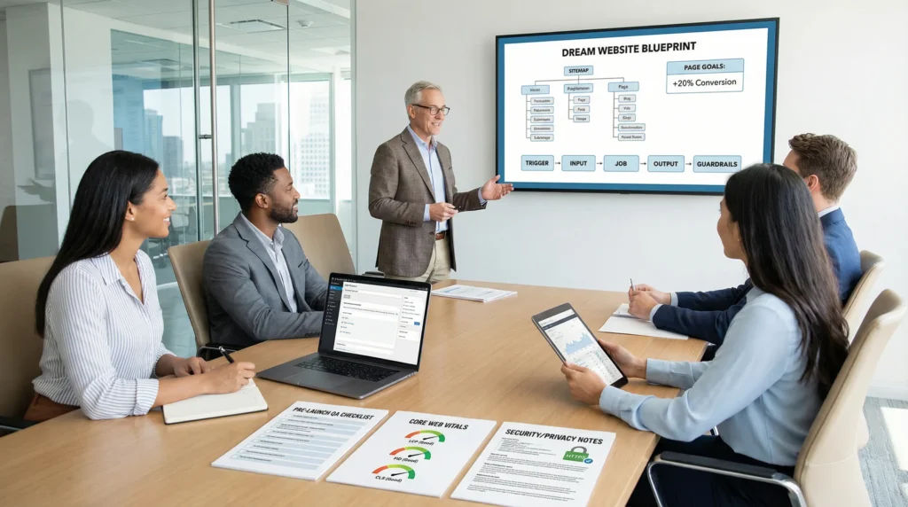 team planning a dream website with goals workflow map and wordpress dashboard