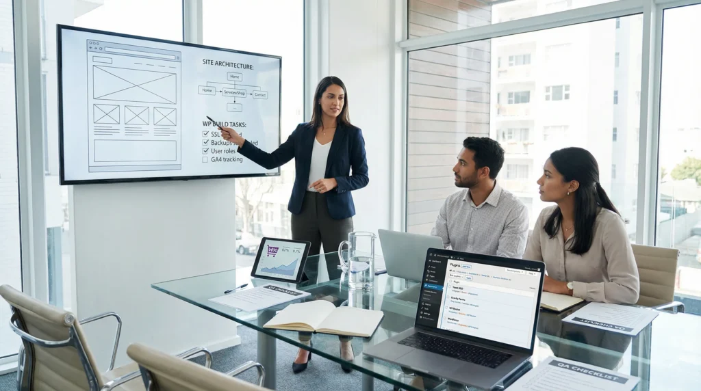 team planning a wordpress website with security tracking and site structure checklist