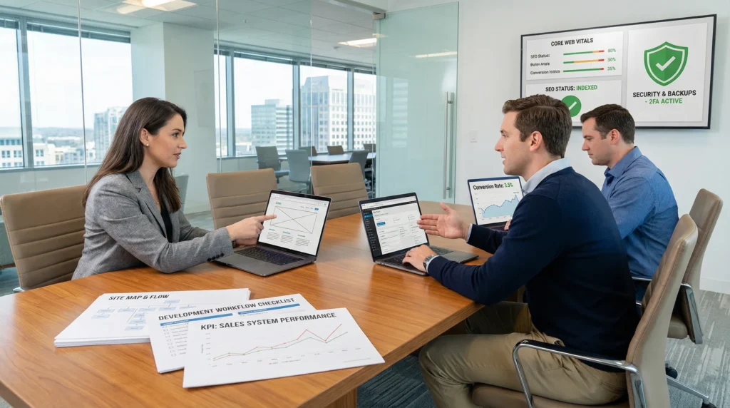 team planning website development with wireframes analytics dashboards and seo performance metrics