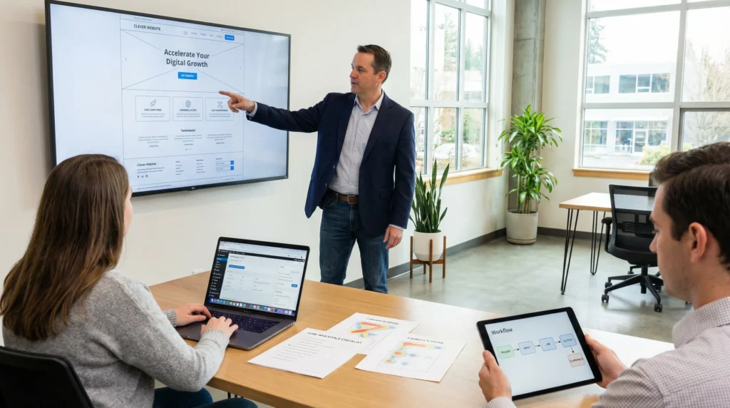 team reviewing a clear wordpress website layout with one call to action