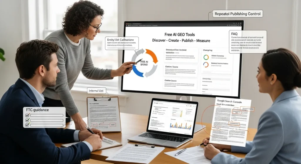 team reviewing a geo workflow dashboard with citations schema and search console data